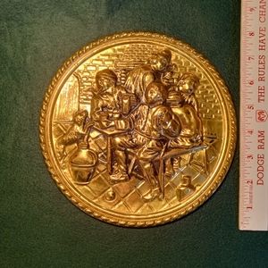 VTG Brass/Copper Dog and Jar Hanging Wall Plate, 8" Diameter